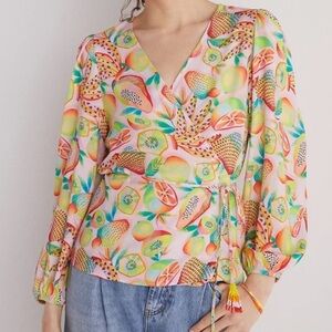 Farm Rio Colorful Fruit Print Wrap Top Women's Large Beaded Tassle Tie